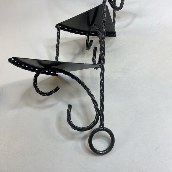 Vtg Twisted Wrought Iron Wall Shelf Black 3 Tiered Spiral Stair Ornate - Picture 4 of 7